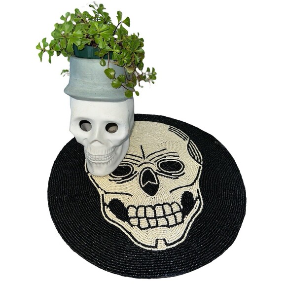 Halloween Beaded Skeleton Skull 15in Placemat Goth Spooky Haunted - Picture 3 of 13
